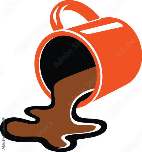 Orange Cup Tipped Over with Brown Liquid Poured on Floor in Bold Graphic Icon Style.