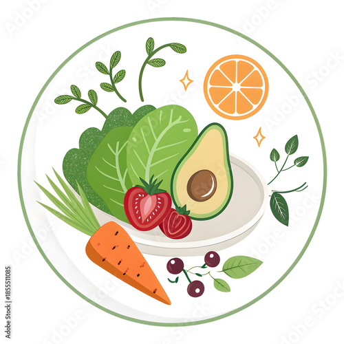 Pixel Style Balanced Meal Plate with Avocado, Carrot, Berries, and Greens on transparent background