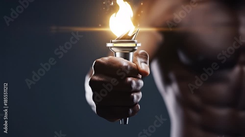 Muscular hand gripping burning torch with bright flame close up in dark background symbolizing strength determination powerful light and fire illuminating scene with intense focus