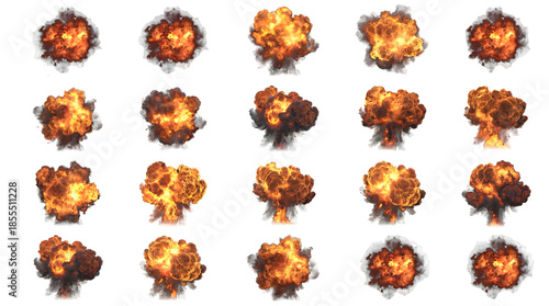 Massive professional collection of twenty cinematic fireball explosion sprites isolated on a transparent background for game development, motion graphics, action visual effects, and dynamic combat seq