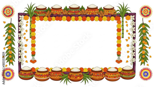 Pongal festival border with sugarcane and pots of rice South Indian harvest celebration decorative f