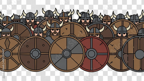 Viking warriors with shields and helmets a horde of Norsemen illustration for historical or fantasy 