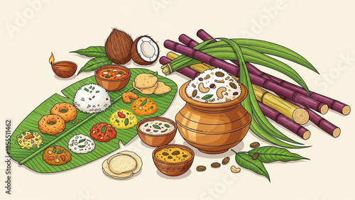 Pongal festival food spread with sugarcane coconut and diya traditional South Indian harvest celebra
