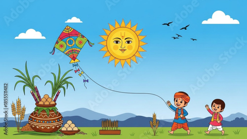 Children flying kites and celebrating Pongal festival with sugarcane and harvest sunny day illustrat