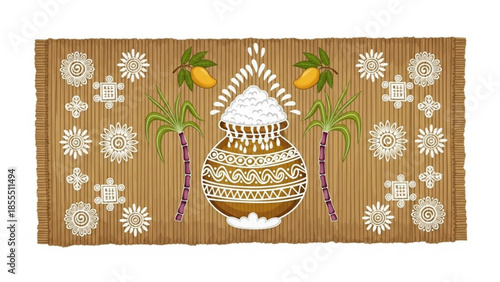 Pongal festival pot with sugarcane and mangoes traditional harvest celebration illustration South In