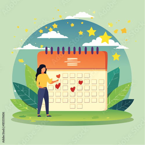 Calendar with person marking heart on day, representing habit tracking or event planning with stars and greenery