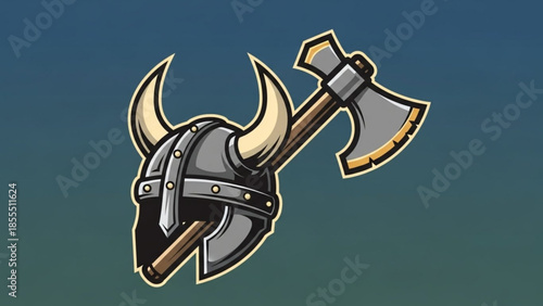 Viking helmet and axe warrior symbol for gaming and history isolated on gradient background
