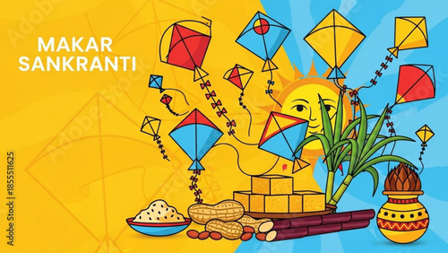 Makar Sankranti festival illustration kites flying with sun and sugarcane for Indian harvest celebra
