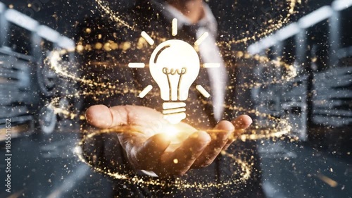 Creative idea and innovation concept featuring glowing light bulb floating above open hand surrounded by golden sparkles, symbolizing inspiration and creativity business environment with bright energy