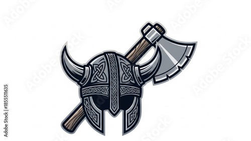 Viking helmet and axe Norse warrior symbol historical illustration for game or apparel design