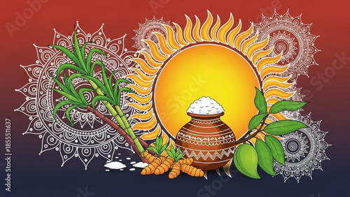 Pongal festival illustration with sugarcane turmeric mango leaves and sun traditional harvest celebr