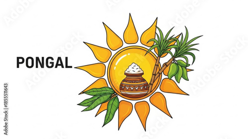 Pongal festival illustration sun sugarcane and pot of rice traditional harvest celebration concept i