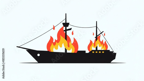 Burning pirate ship illustration a dark silhouette on fire with flames representing disaster and dan