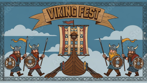 Viking Fest illustration with longship and warriors medieval Scandinavian celebration banner cartoon