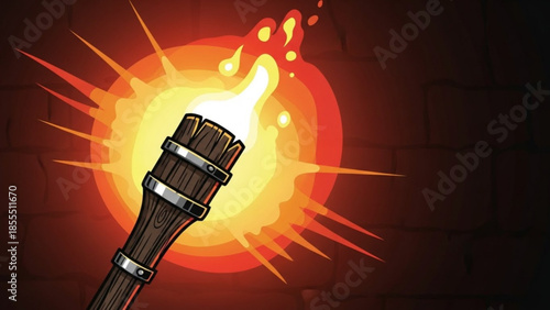 Burning torch with bright flame medieval fantasy illustration for adventure games and historical con
