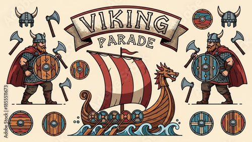 Viking parade illustration with ship warriors axes and shields hand-drawn vector elements for histor