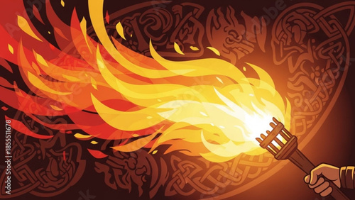 Hand holding a flaming torch with Celtic knot patterns and animal motifs representing ancient tradit