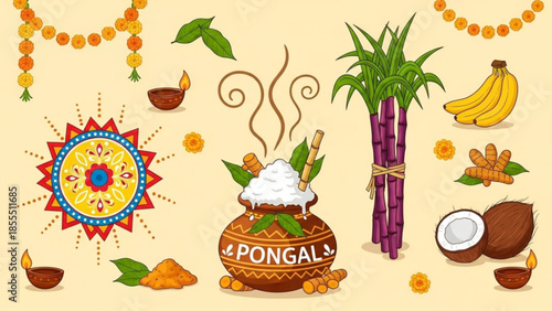 Pongal festival elements including a pot of rice sugarcane and turmeric for harvest celebration desi