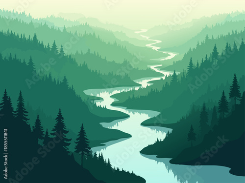 Emerald Green Tree Silhouettes and Flowing River Network Vector Illustration
