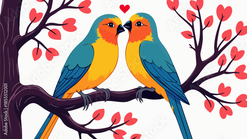 Vector Illustration of Love Birds Perched on a Branch with Heart Flowers