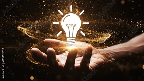 Creative idea concept with glowing light bulb above open hand surrounded by golden particles, bright energy symbol of innovation and inspiration, glowing bulb representing creativity and bright light