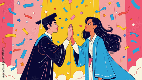 Two Graduates Exchanging High-Fives with Falling Confetti, Vector Art