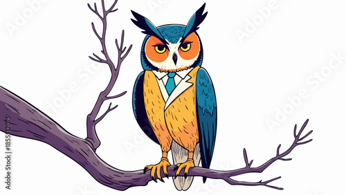 Vector Illustration of an Owl in a Mortarboard Cap on a Branch, Flat Vibrant Colors