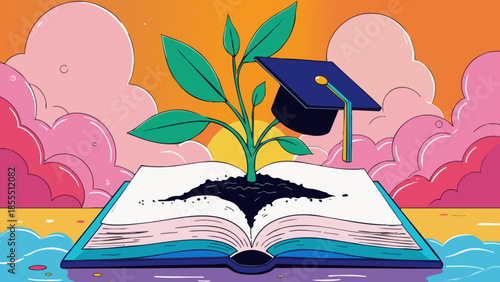 Abstract Vector Art of Seedling Sprouting from a Graduation Cap on a Book