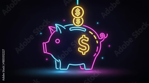 Glowing neon light bulb piggy bank illustration representing savings and financial ideas