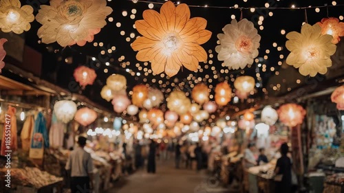 Lanterns illuminating a bustling market at night creating a magical atmosphere
