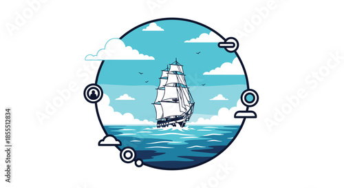 Majestic sailing ship on a calm sea under a partly cloudy sky, framed within a circle with various modern tech icons.