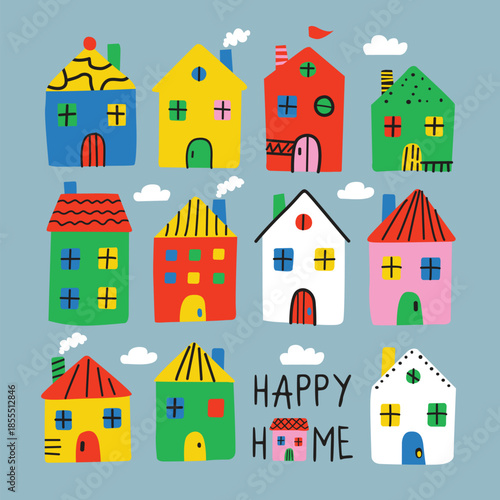 Colorful Hand Drawn Village Houses Illustration Set with Cute Homes and Clouds.eps