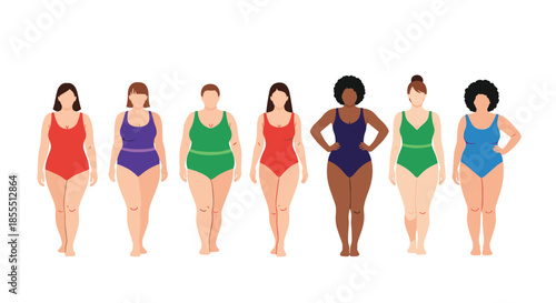 Diverse group of beautiful plus-size women with different body types and skin tones confidently standing in swimsuits.