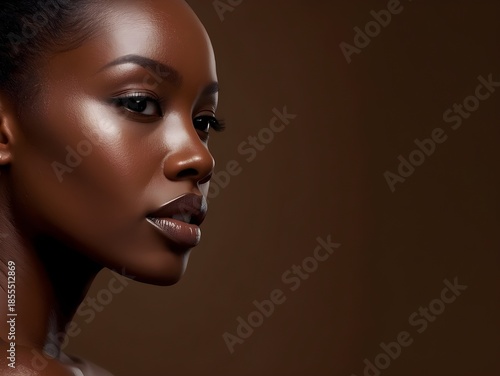 Captivating profile of an elegant African woman, her deep skin glowing with glossy makeup and luminous highlights, set against a rich, clean background with ample copy space