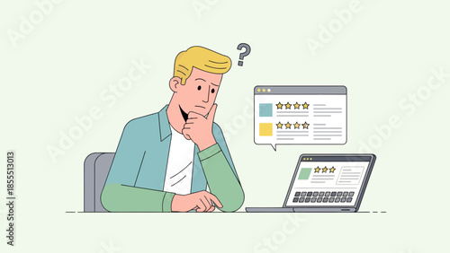 Person analyzing online reviews and ratings with puzzled expression