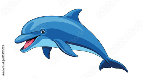 Brightly colored and cheerful cartoon dolphin with a wide, happy smile leaps gracefully on a clean white background.
