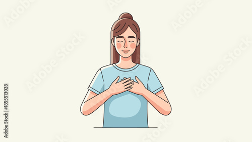Young woman with closed eyes and hands over her heart in a peaceful gesture
