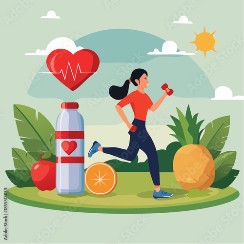 Flat vector illustration of a woman exercising with healthy food, promoting fitness, nutrition, and an active lifestyle for wellness and heart health