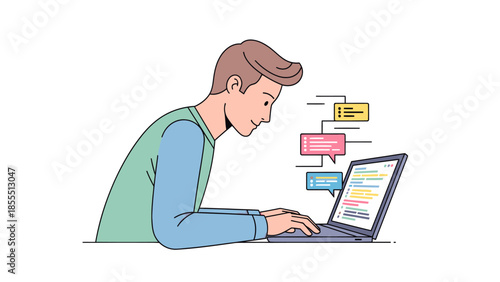 Young man typing on laptop with colorful chat bubbles above working from home