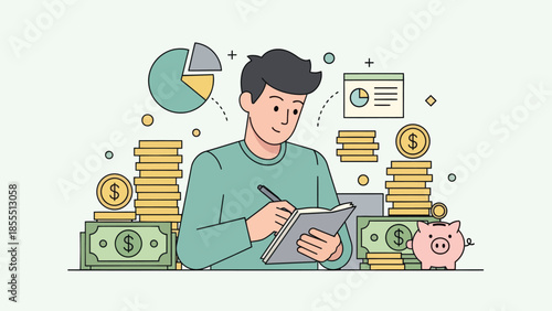 financial planning and investment concepts with a young man managing money and