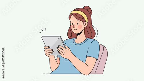 Young woman using a tablet device with a cheerful expression