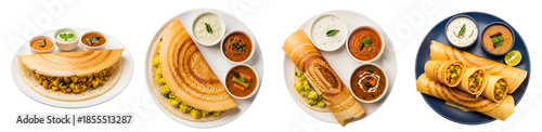 An assortment of dosa dishes served with chutneys and sambar displayed on plates for presentation on transparent background