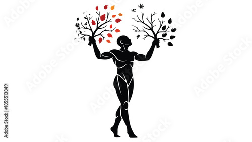 Silhouette of a person holding branches with autumn leaves, symbolizing change and renewal