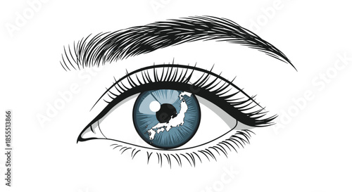 Beautifully drawn female eye with a detailed map of Japan reflected in the blue iris, symbolizing a focus on the country.