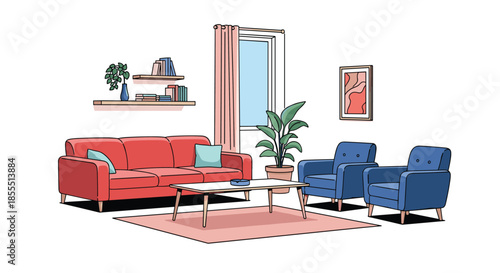 Cozy and colorful living room interior with a red sofa, blue armchairs, a houseplant, and books on shelves in a flat style.
