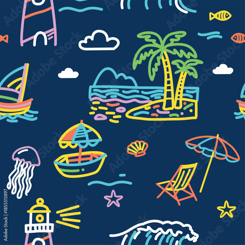 Vibrant Neon Beach and Sea Life Doodles