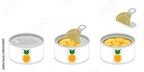 缶切り不要のカットパインの缶詰を開けるイラスト　ミニサイズ