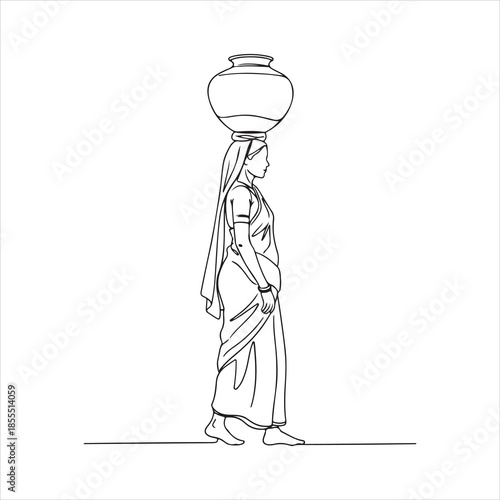 Traditional Woman Carrying Water Pot Line Art Vector