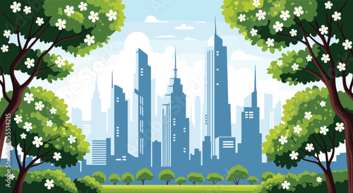Beautiful view of a modern city skyline with tall skyscrapers, framed by lush green trees with white spring blossoms.