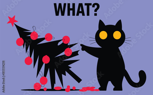 cute surprised cat after dropping Christmas tree with broken ornaments festive new year animal card vector for pet lovers holiday greetings and funny digital art.